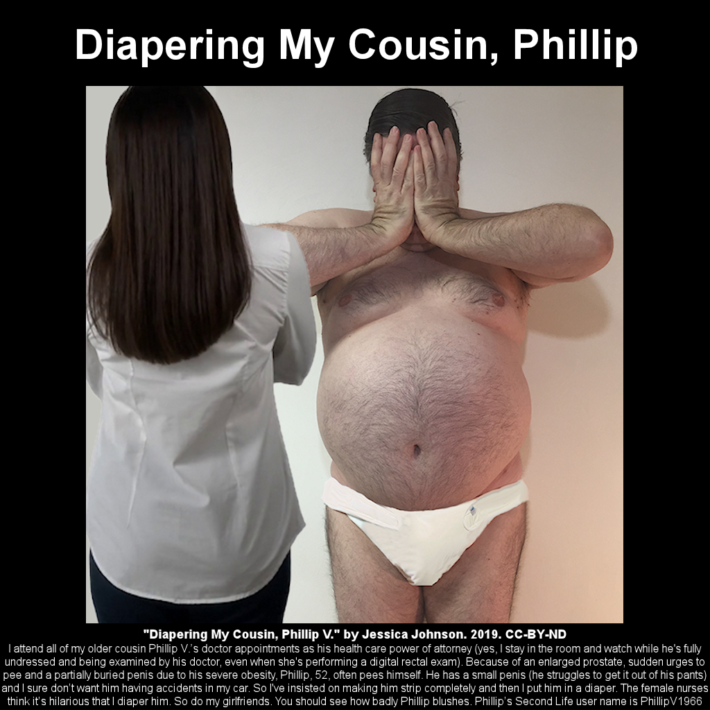 Phillip is feeling quite ashamed after being stripped completely naked and then put into a diaper by his younger cousin Jessica.