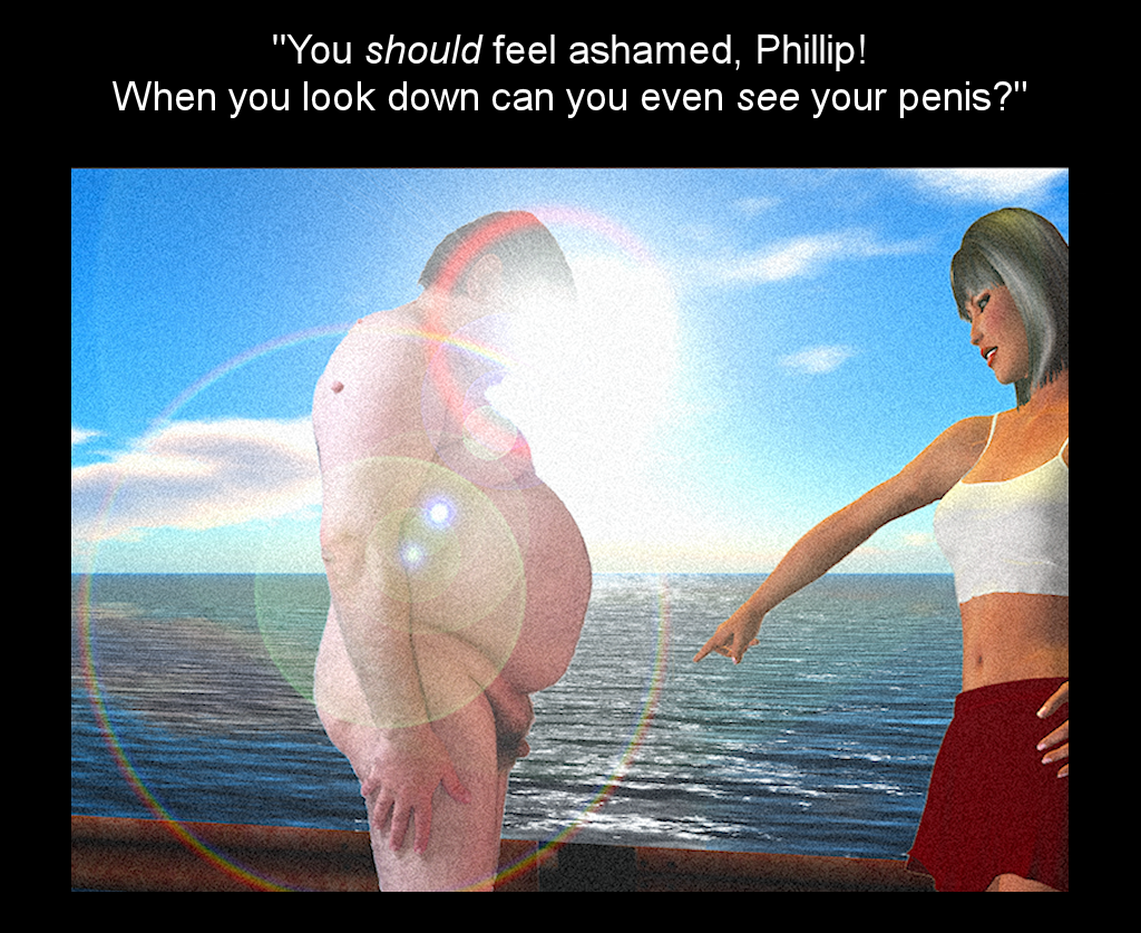 Phillip naked, being shamed and humiliated by his younger cousin Jessica on a public beach