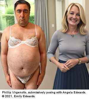 Sissy Phillip Virgencito, in his bra and panties, with Angela Edwards, just before she stripped Phillip naked and spanked his bare ass over her knee.