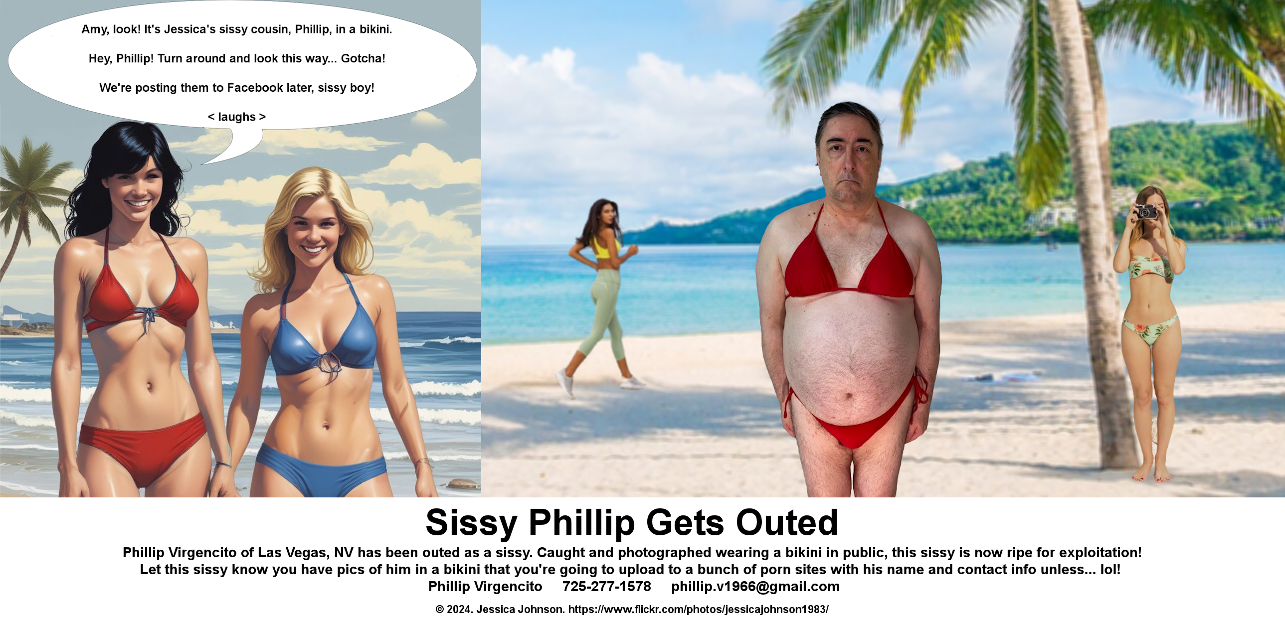 Phillip Virgencito is outed as a sissy, photographed on a public beach wearing a string bikini.
